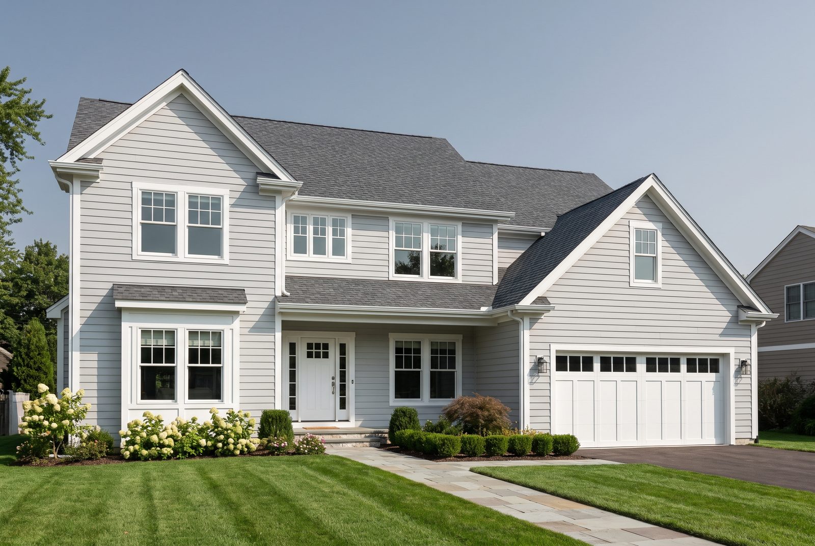 The front elevation of a suburban home with new windows and fresh siding.