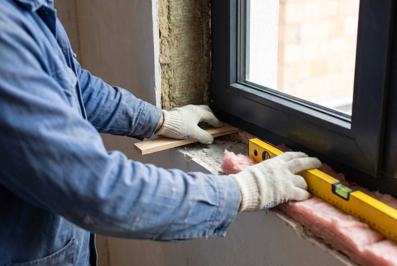 An installer setting a new window unit into a prepared opening.