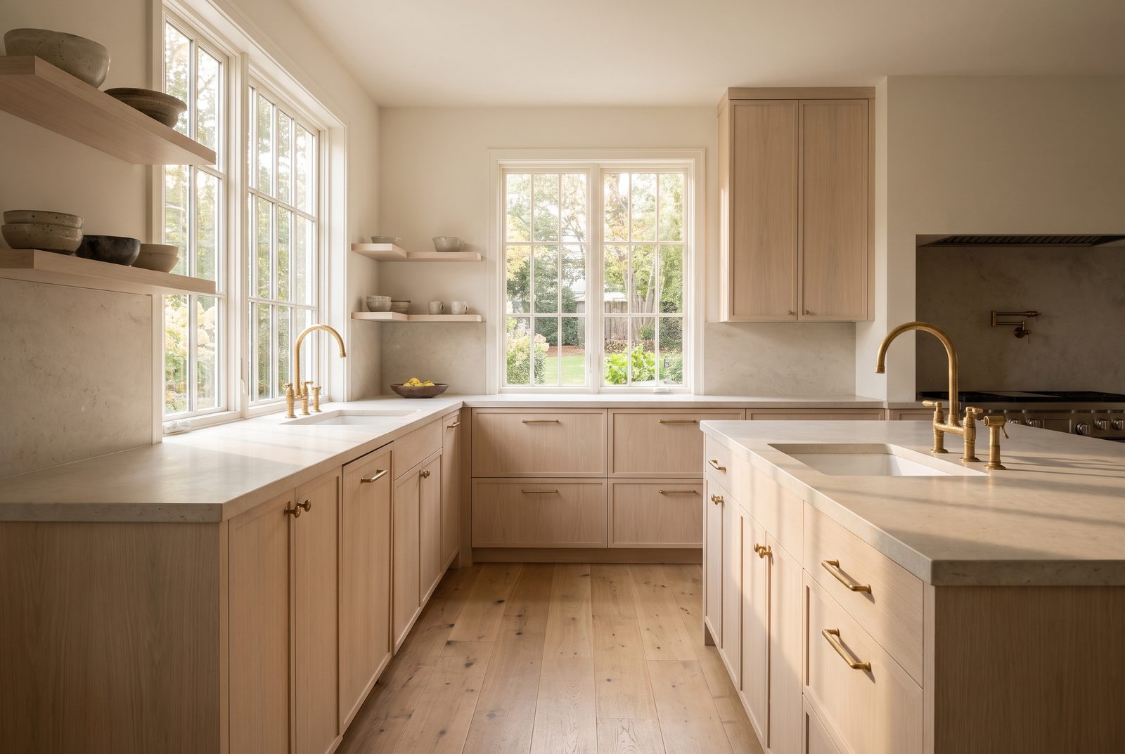 A finished kitchen remodel in warm morning light.