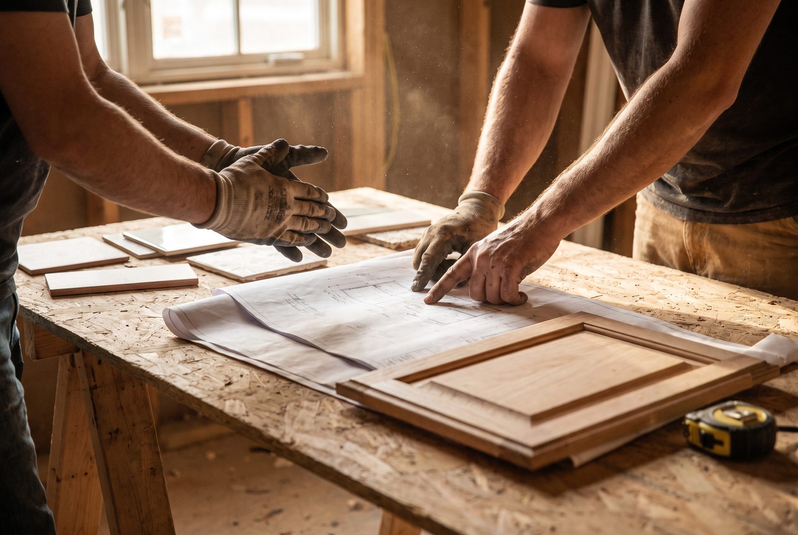 Hands over drawings, tile samples and a cabinet door sample on site.