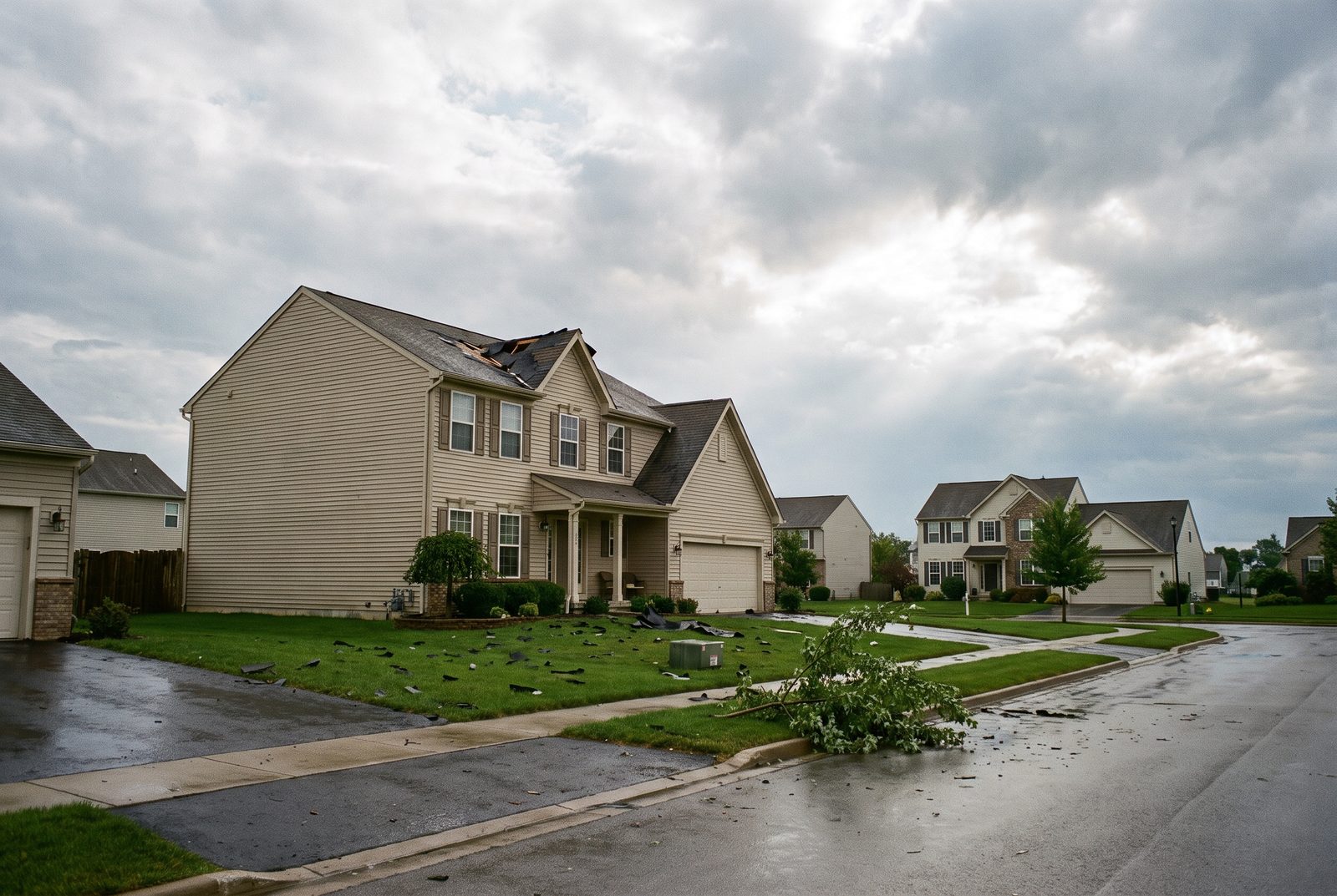 A suburban street the morning after a severe storm, with torn shingles scattered across a lawn.