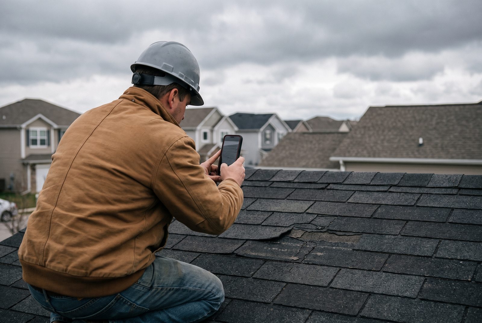 A roofing inspector photographing a damaged section of shingle roof.