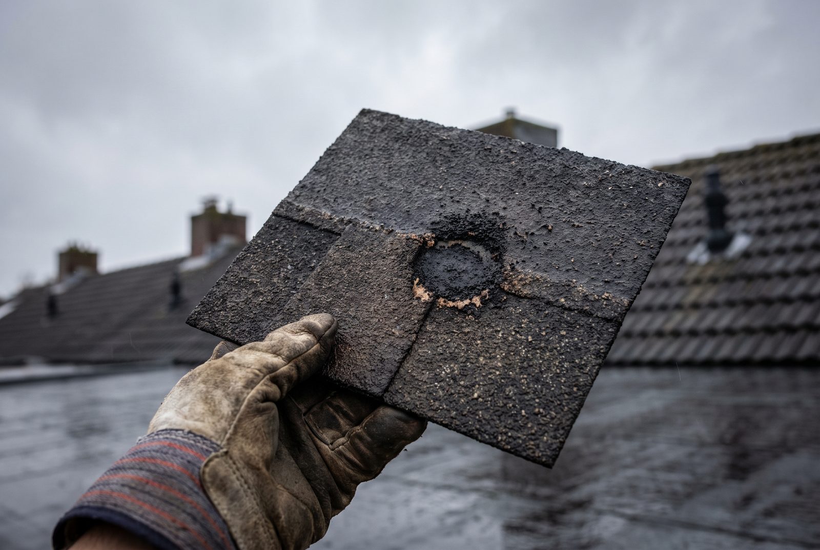 A gloved hand holding a hail-damaged asphalt shingle showing granule loss.