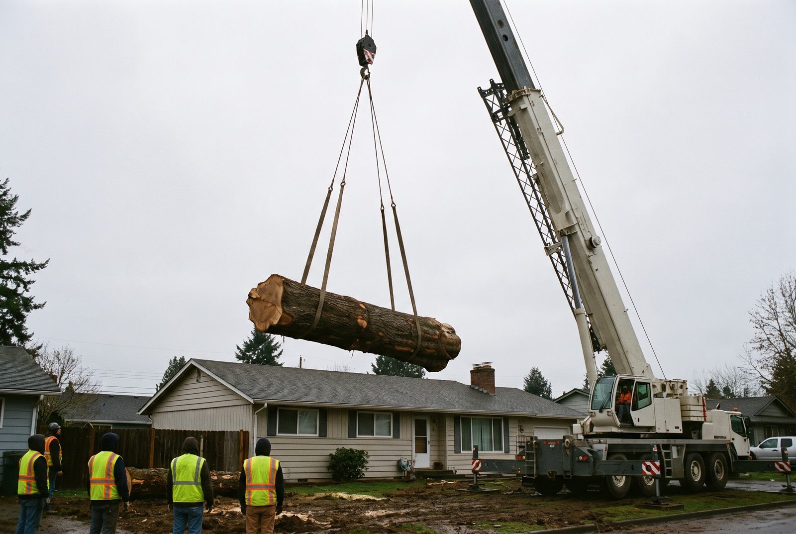 A crane lifting a large cut log section clear over a roofline.
