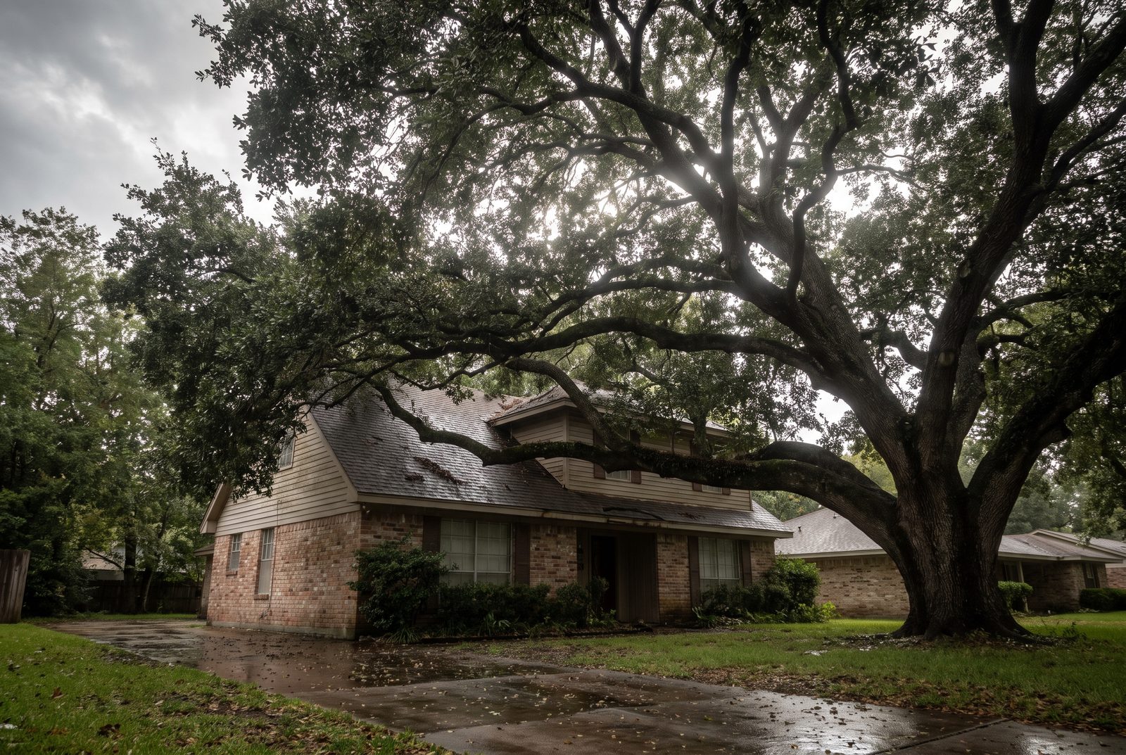 A large mature oak leaning over the roof of a suburban house.